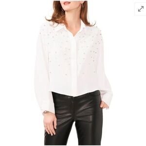 VINCE CAMUTO Crystal Embellished Crepe Button-Up Shirt Sz S White NWT